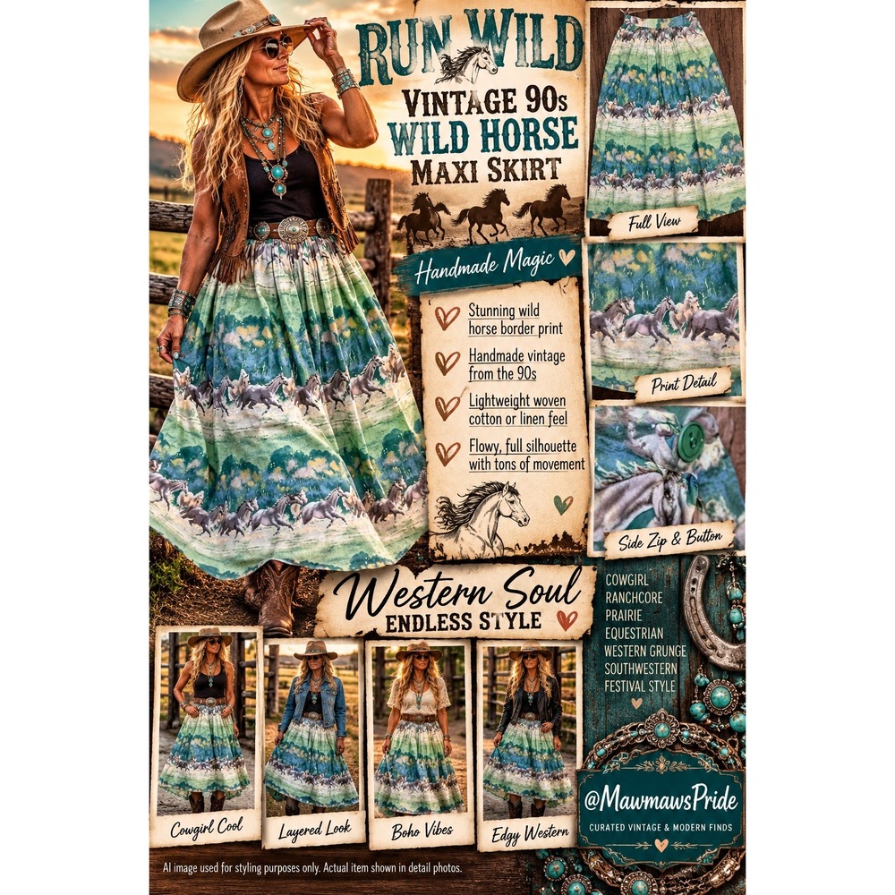 Vintage 90s Wild Horse Maxi Skirt Handmade Western Cowgirl Ranchcore Prairie
